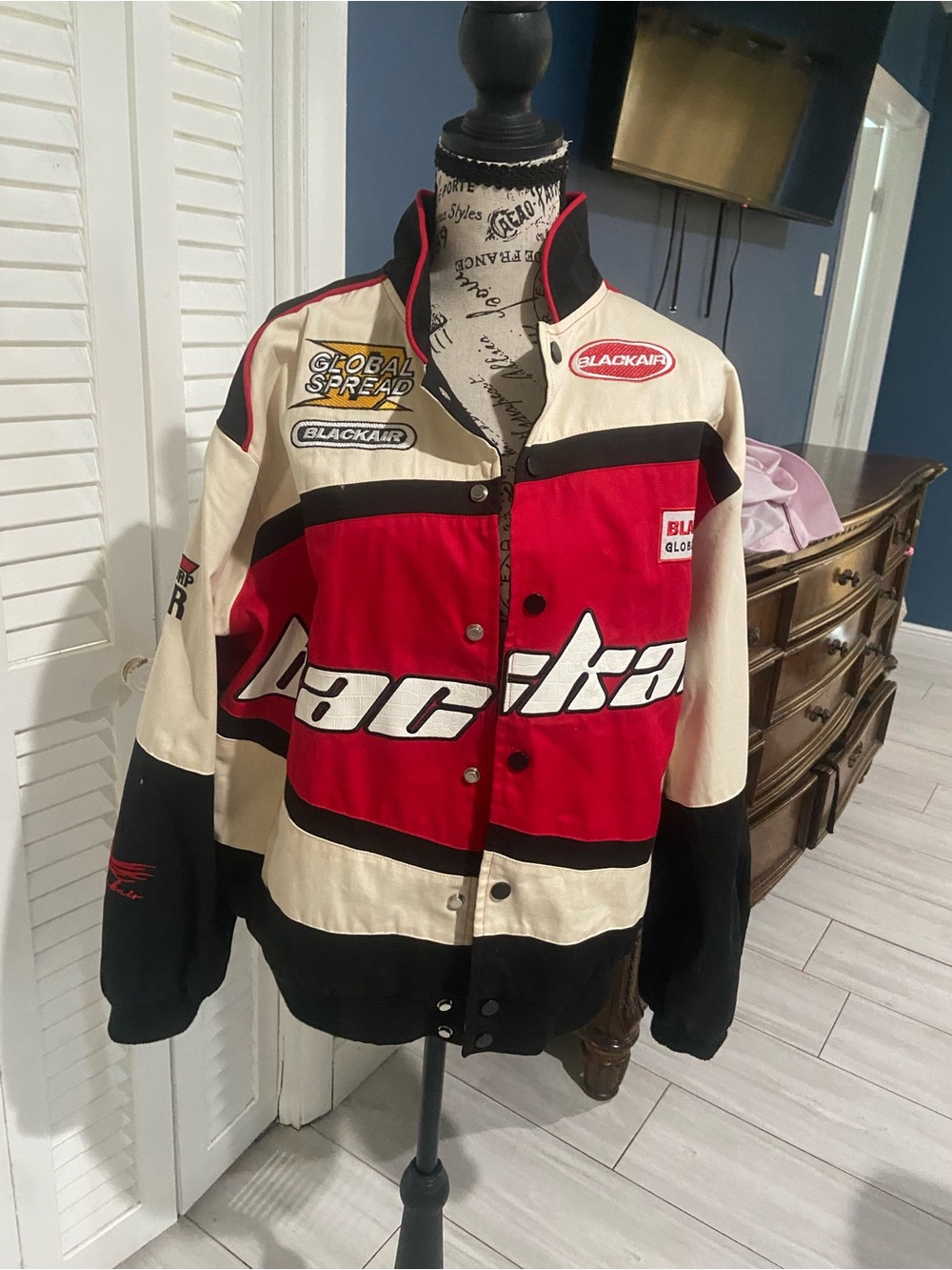 Racing Bomber Jacket in Red, Cream & Black